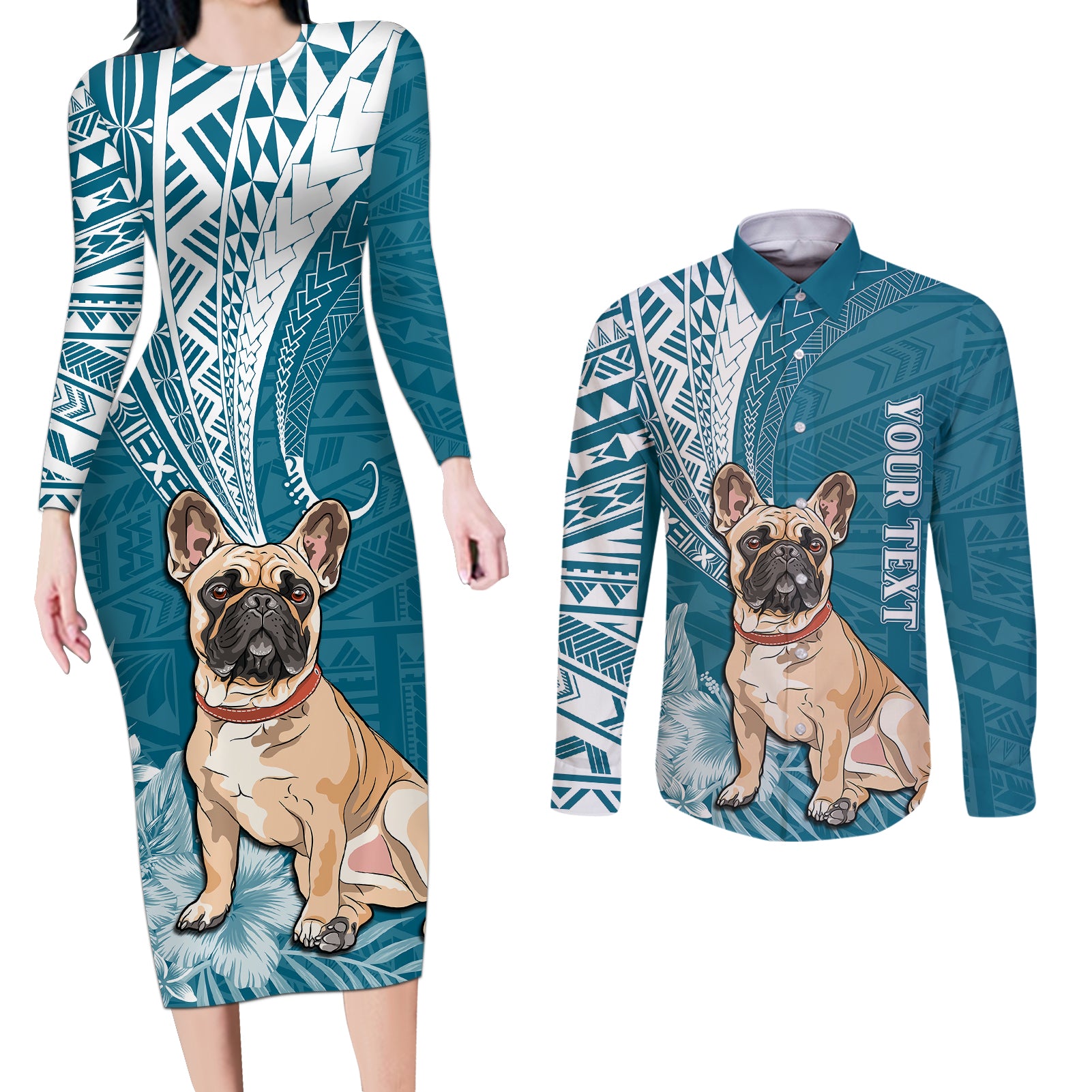 Personalised Polynesian Pacific Bulldog Couples Matching Long Sleeve Bodycon Dress and Long Sleeve Button Shirts With Teal Hawaii Tribal Tattoo Patterns LT7 - Wonder Print Shop