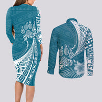 Personalised Polynesian Pacific Bulldog Couples Matching Long Sleeve Bodycon Dress and Long Sleeve Button Shirts With Teal Hawaii Tribal Tattoo Patterns LT7 - Wonder Print Shop