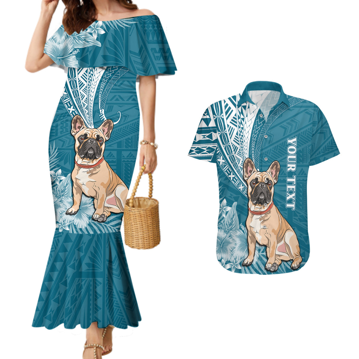 Personalised Polynesian Pacific Bulldog Couples Matching Mermaid Dress And Hawaiian Shirt With Teal Hawaii Tribal Tattoo Patterns LT7 - Wonder Print Shop