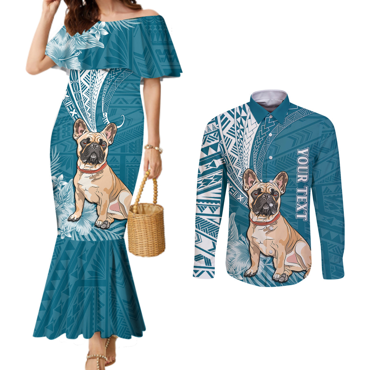 personalised-polynesian-pacific-bulldog-couples-matching-mermaid-dress-and-long-sleeve-button-shirts-with-teal-hawaii-tribal-tattoo-patterns