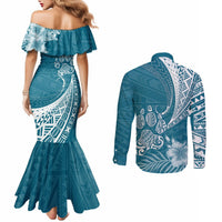 personalised-polynesian-pacific-bulldog-couples-matching-mermaid-dress-and-long-sleeve-button-shirts-with-teal-hawaii-tribal-tattoo-patterns