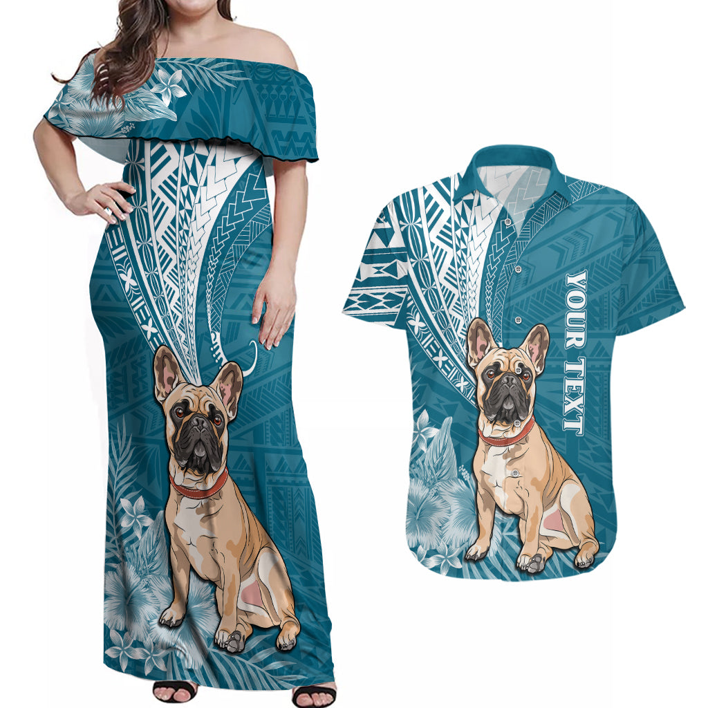 Personalised Polynesian Pacific Bulldog Couples Matching Off Shoulder Maxi Dress and Hawaiian Shirt With Teal Hawaii Tribal Tattoo Patterns LT7 - Wonder Print Shop