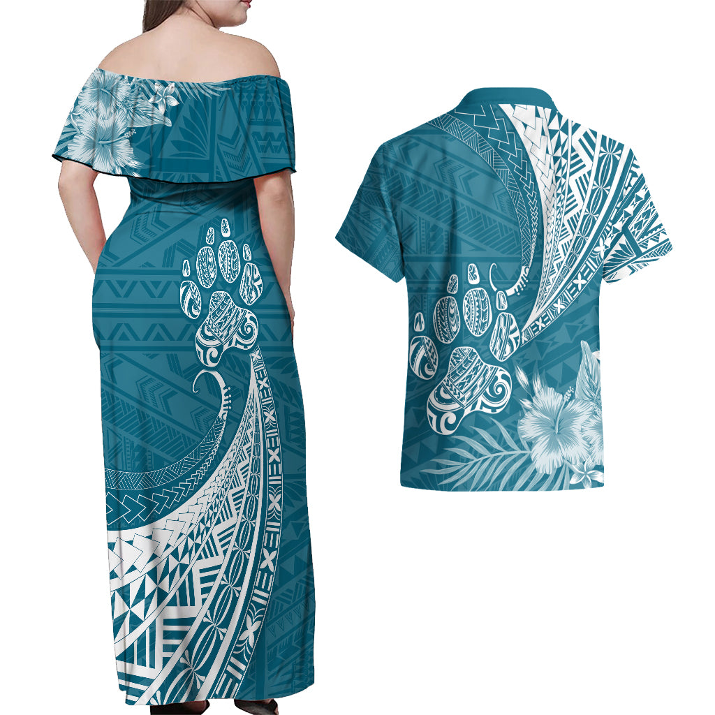 Personalised Polynesian Pacific Bulldog Couples Matching Off Shoulder Maxi Dress and Hawaiian Shirt With Teal Hawaii Tribal Tattoo Patterns LT7 - Wonder Print Shop