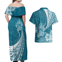 Personalised Polynesian Pacific Bulldog Couples Matching Off Shoulder Maxi Dress and Hawaiian Shirt With Teal Hawaii Tribal Tattoo Patterns LT7 - Wonder Print Shop