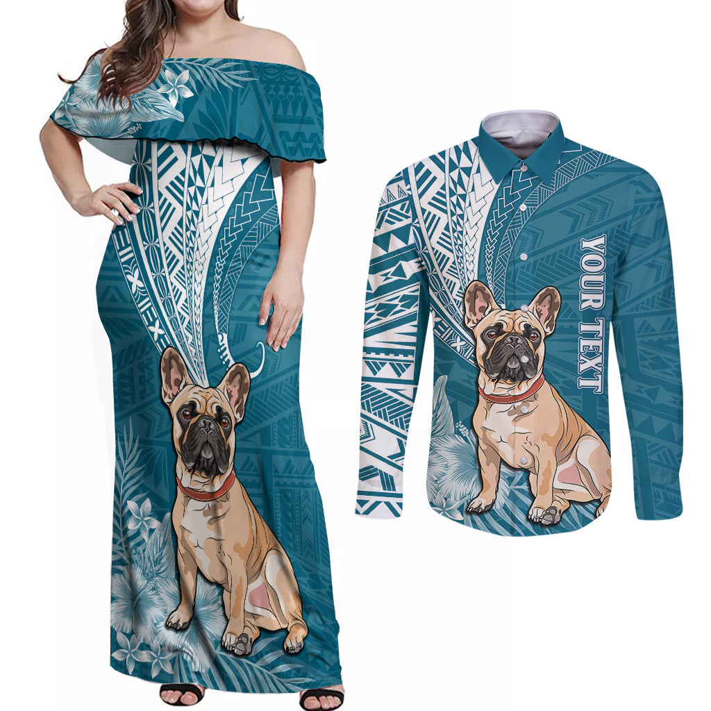 Personalised Polynesian Pacific Bulldog Couples Matching Off Shoulder Maxi Dress and Long Sleeve Button Shirts With Teal Hawaii Tribal Tattoo Patterns LT7 - Wonder Print Shop