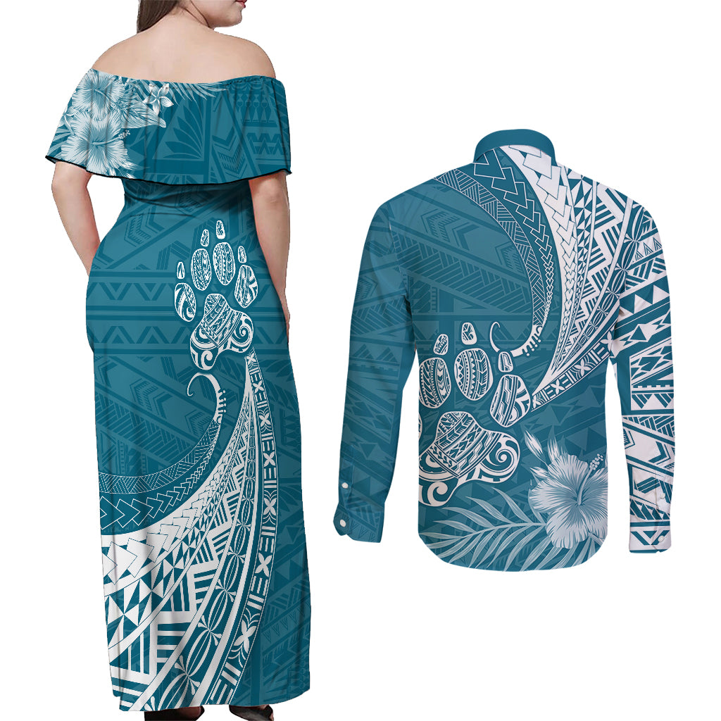 Personalised Polynesian Pacific Bulldog Couples Matching Off Shoulder Maxi Dress and Long Sleeve Button Shirts With Teal Hawaii Tribal Tattoo Patterns LT7 - Wonder Print Shop