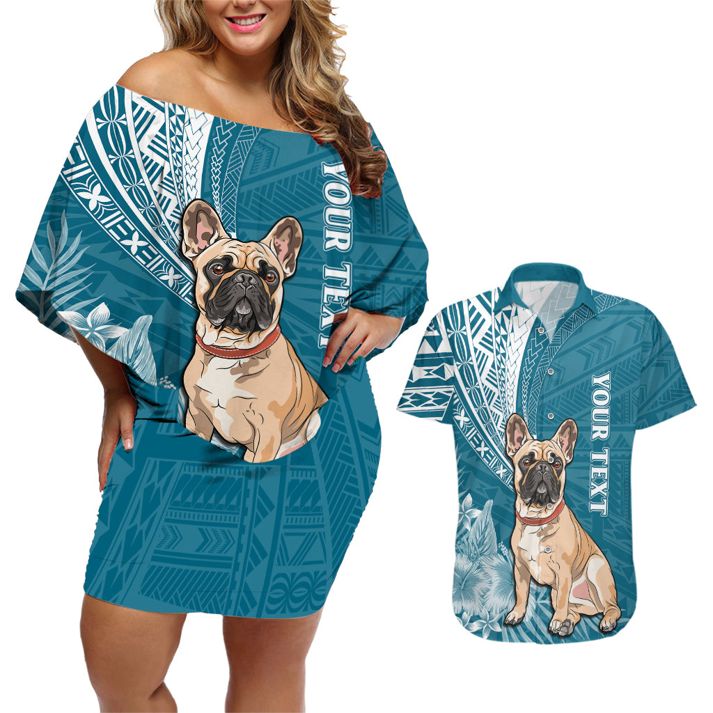 Personalised Polynesian Pacific Bulldog Couples Matching Off Shoulder Short Dress and Hawaiian Shirt With Teal Hawaii Tribal Tattoo Patterns LT7 - Wonder Print Shop