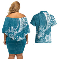 Personalised Polynesian Pacific Bulldog Couples Matching Off Shoulder Short Dress and Hawaiian Shirt With Teal Hawaii Tribal Tattoo Patterns LT7 - Wonder Print Shop