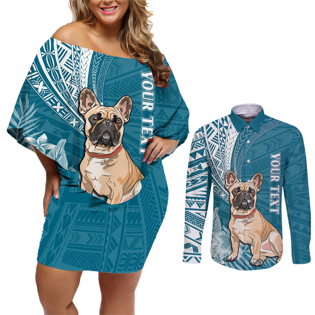 Personalised Polynesian Pacific Bulldog Couples Matching Off Shoulder Short Dress and Long Sleeve Button Shirts With Teal Hawaii Tribal Tattoo Patterns LT7 - Wonder Print Shop