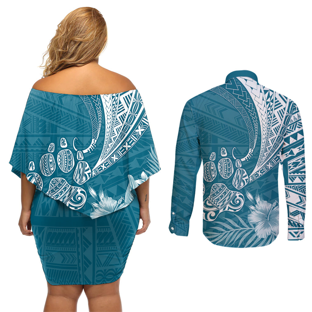 Personalised Polynesian Pacific Bulldog Couples Matching Off Shoulder Short Dress and Long Sleeve Button Shirts With Teal Hawaii Tribal Tattoo Patterns LT7 - Wonder Print Shop
