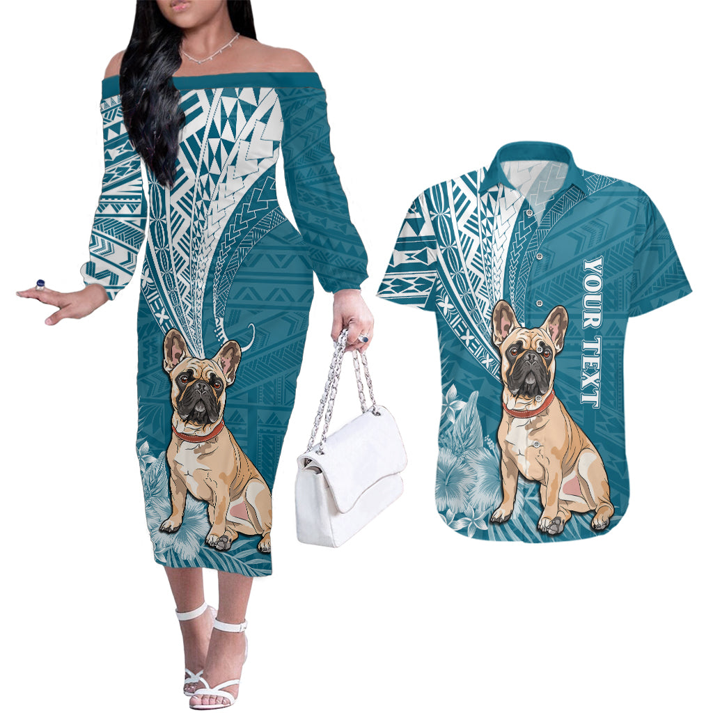 Personalised Polynesian Pacific Bulldog Couples Matching Off The Shoulder Long Sleeve Dress and Hawaiian Shirt With Teal Hawaii Tribal Tattoo Patterns LT7 - Wonder Print Shop