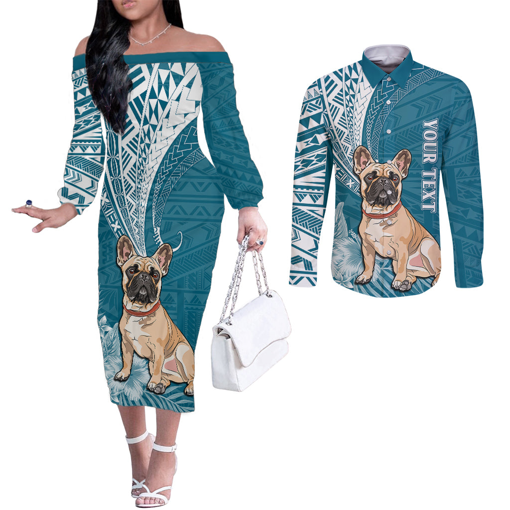 personalised-polynesian-pacific-bulldog-couples-matching-off-the-shoulder-long-sleeve-dress-and-long-sleeve-button-shirts-with-teal-hawaii-tribal-tattoo-patterns