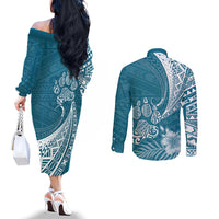 personalised-polynesian-pacific-bulldog-couples-matching-off-the-shoulder-long-sleeve-dress-and-long-sleeve-button-shirts-with-teal-hawaii-tribal-tattoo-patterns