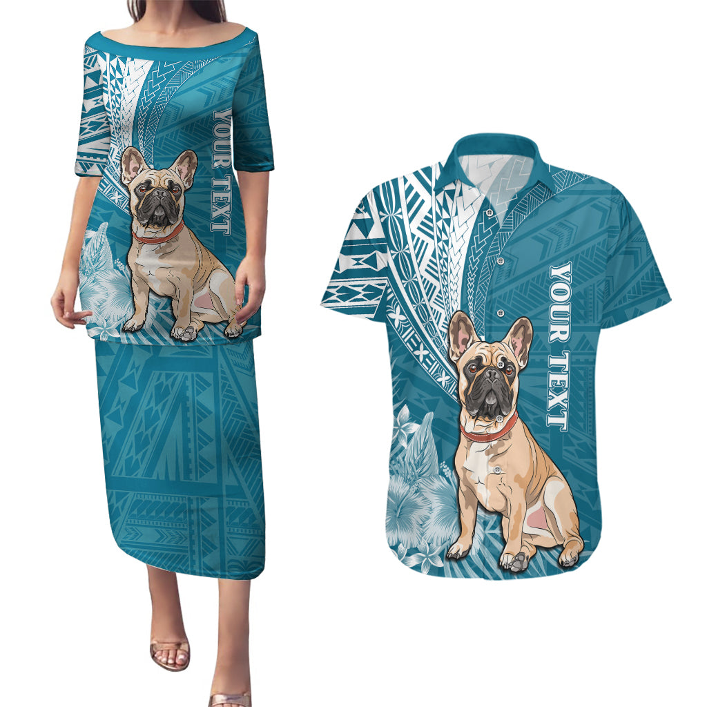 Personalised Polynesian Pacific Bulldog Couples Matching Puletasi Dress and Hawaiian Shirt With Teal Hawaii Tribal Tattoo Patterns LT7 - Wonder Print Shop