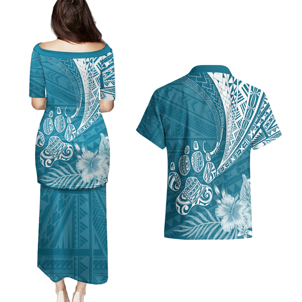 Personalised Polynesian Pacific Bulldog Couples Matching Puletasi Dress and Hawaiian Shirt With Teal Hawaii Tribal Tattoo Patterns LT7 - Wonder Print Shop