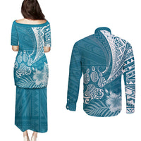 Personalised Polynesian Pacific Bulldog Couples Matching Puletasi Dress and Long Sleeve Button Shirts With Teal Hawaii Tribal Tattoo Patterns LT7 - Wonder Print Shop
