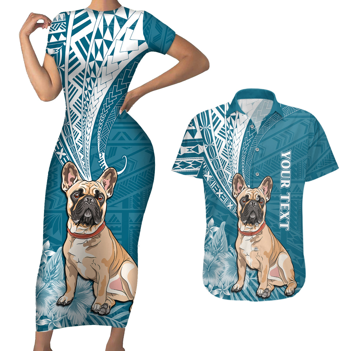 Personalised Polynesian Pacific Bulldog Couples Matching Short Sleeve Bodycon Dress and Hawaiian Shirt With Teal Hawaii Tribal Tattoo Patterns LT7 - Wonder Print Shop