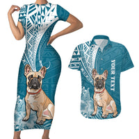 Personalised Polynesian Pacific Bulldog Couples Matching Short Sleeve Bodycon Dress and Hawaiian Shirt With Teal Hawaii Tribal Tattoo Patterns LT7 - Wonder Print Shop