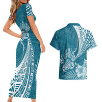Personalised Polynesian Pacific Bulldog Couples Matching Short Sleeve Bodycon Dress and Hawaiian Shirt With Teal Hawaii Tribal Tattoo Patterns LT7 - Wonder Print Shop