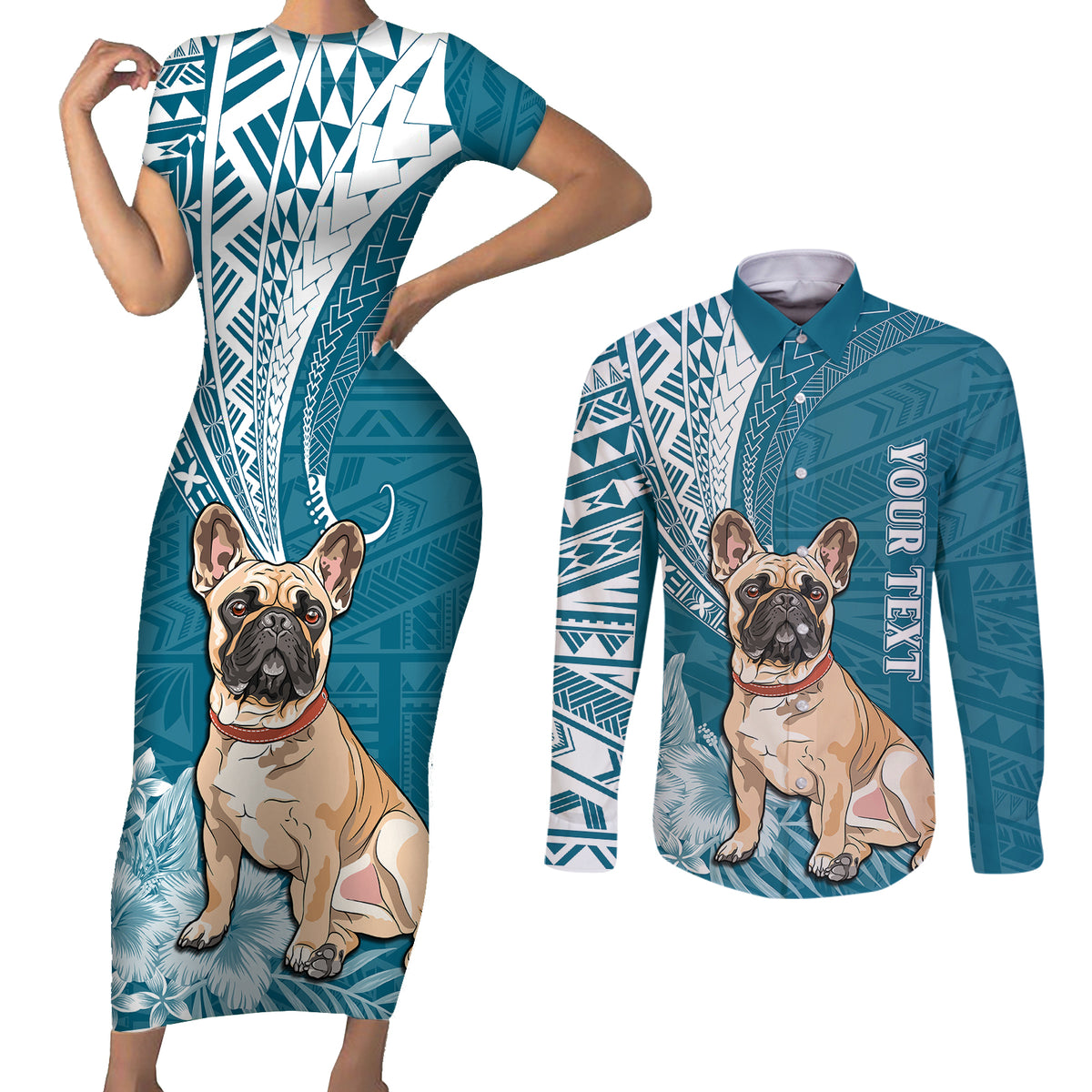 Personalised Polynesian Pacific Bulldog Couples Matching Short Sleeve Bodycon Dress and Long Sleeve Button Shirts With Teal Hawaii Tribal Tattoo Patterns LT7 - Wonder Print Shop