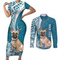 Personalised Polynesian Pacific Bulldog Couples Matching Short Sleeve Bodycon Dress and Long Sleeve Button Shirts With Teal Hawaii Tribal Tattoo Patterns LT7 - Wonder Print Shop