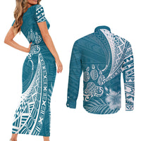 Personalised Polynesian Pacific Bulldog Couples Matching Short Sleeve Bodycon Dress and Long Sleeve Button Shirts With Teal Hawaii Tribal Tattoo Patterns LT7 - Wonder Print Shop