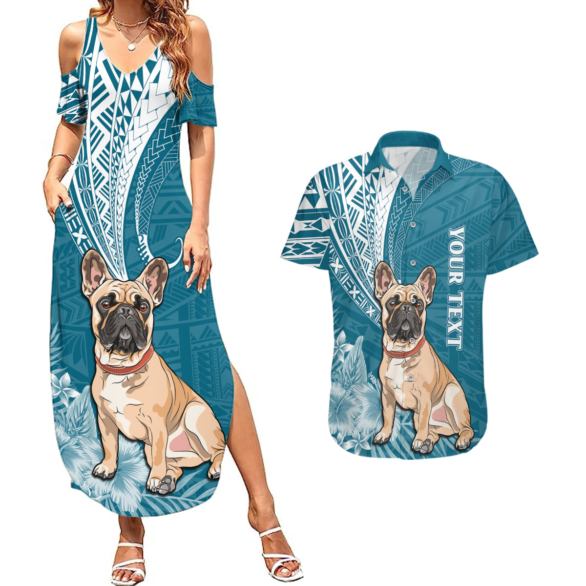 Personalised Polynesian Pacific Bulldog Couples Matching Summer Maxi Dress and Hawaiian Shirt With Teal Hawaii Tribal Tattoo Patterns LT7 - Wonder Print Shop