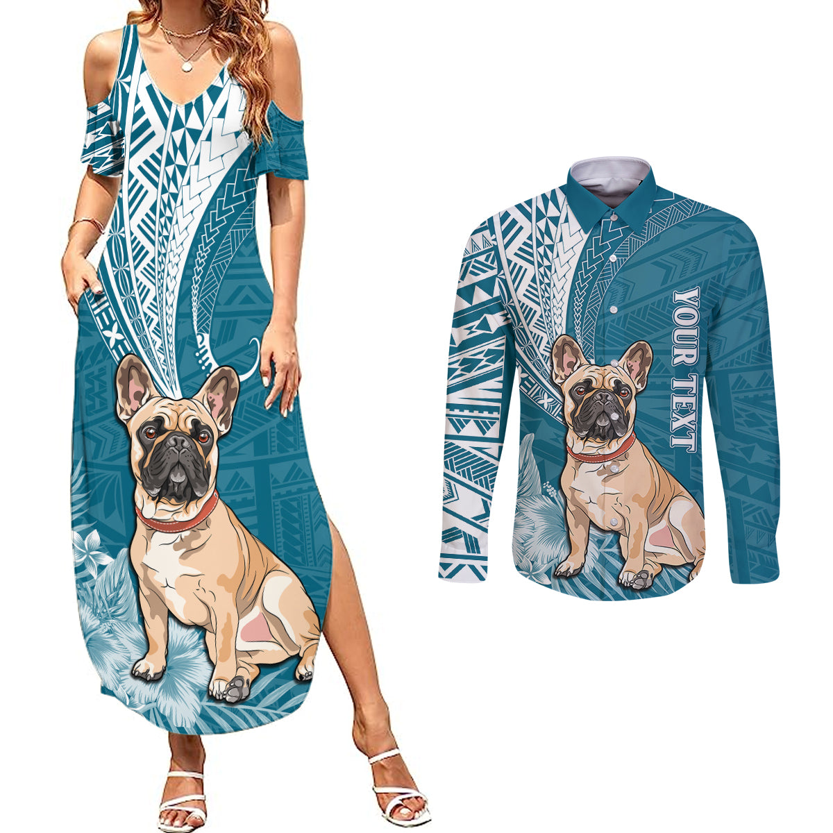 Personalised Polynesian Pacific Bulldog Couples Matching Summer Maxi Dress and Long Sleeve Button Shirts With Teal Hawaii Tribal Tattoo Patterns LT7 - Wonder Print Shop