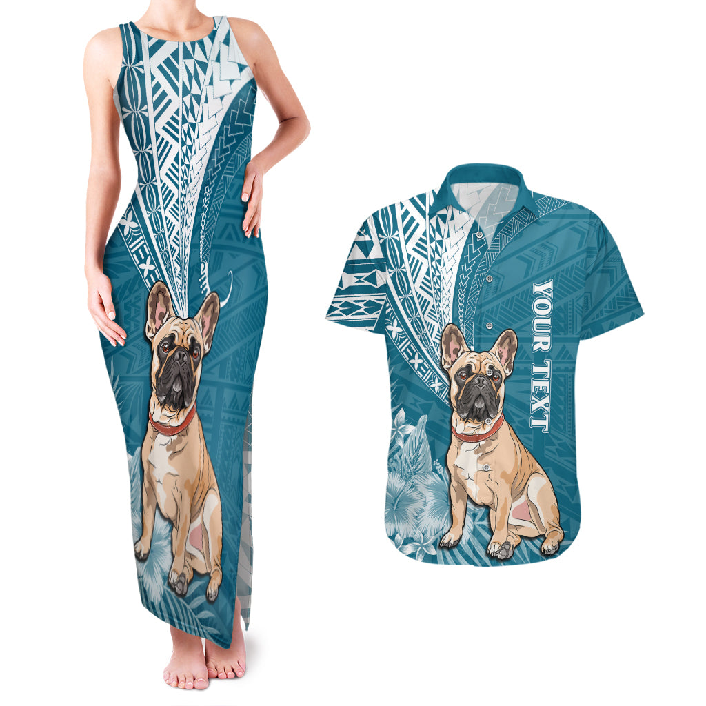Personalised Polynesian Pacific Bulldog Couples Matching Tank Maxi Dress And Hawaiian Shirt With Teal Hawaii Tribal Tattoo Patterns LT7 - Wonder Print Shop