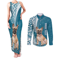 Personalised Polynesian Pacific Bulldog Couples Matching Tank Maxi Dress and Long Sleeve Button Shirts With Teal Hawaii Tribal Tattoo Patterns LT7 - Wonder Print Shop