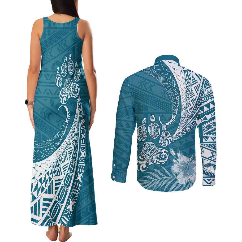 Personalised Polynesian Pacific Bulldog Couples Matching Tank Maxi Dress and Long Sleeve Button Shirts With Teal Hawaii Tribal Tattoo Patterns LT7 - Wonder Print Shop