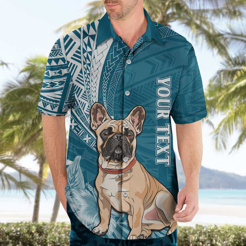 Personalised Polynesian Pacific Bulldog Hawaiian Shirt With Teal Hawaii Tribal Tattoo Patterns - Wonder Print Shop