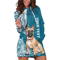 Personalised Polynesian Pacific Bulldog Hoodie Dress With Teal Hawaii Tribal Tattoo Patterns - Wonder Print Shop