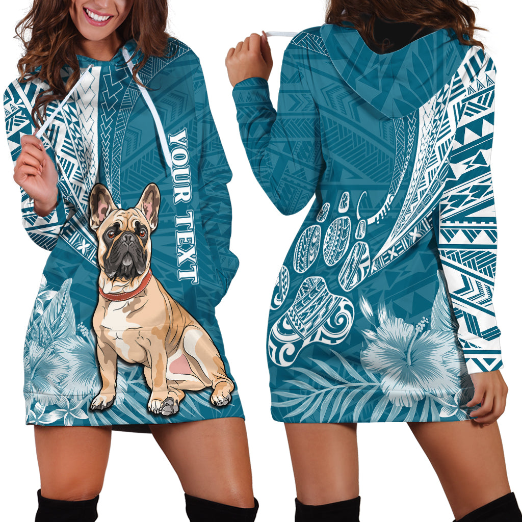 Personalised Polynesian Pacific Bulldog Hoodie Dress With Teal Hawaii Tribal Tattoo Patterns - Wonder Print Shop