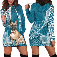 Personalised Polynesian Pacific Bulldog Hoodie Dress With Teal Hawaii Tribal Tattoo Patterns - Wonder Print Shop