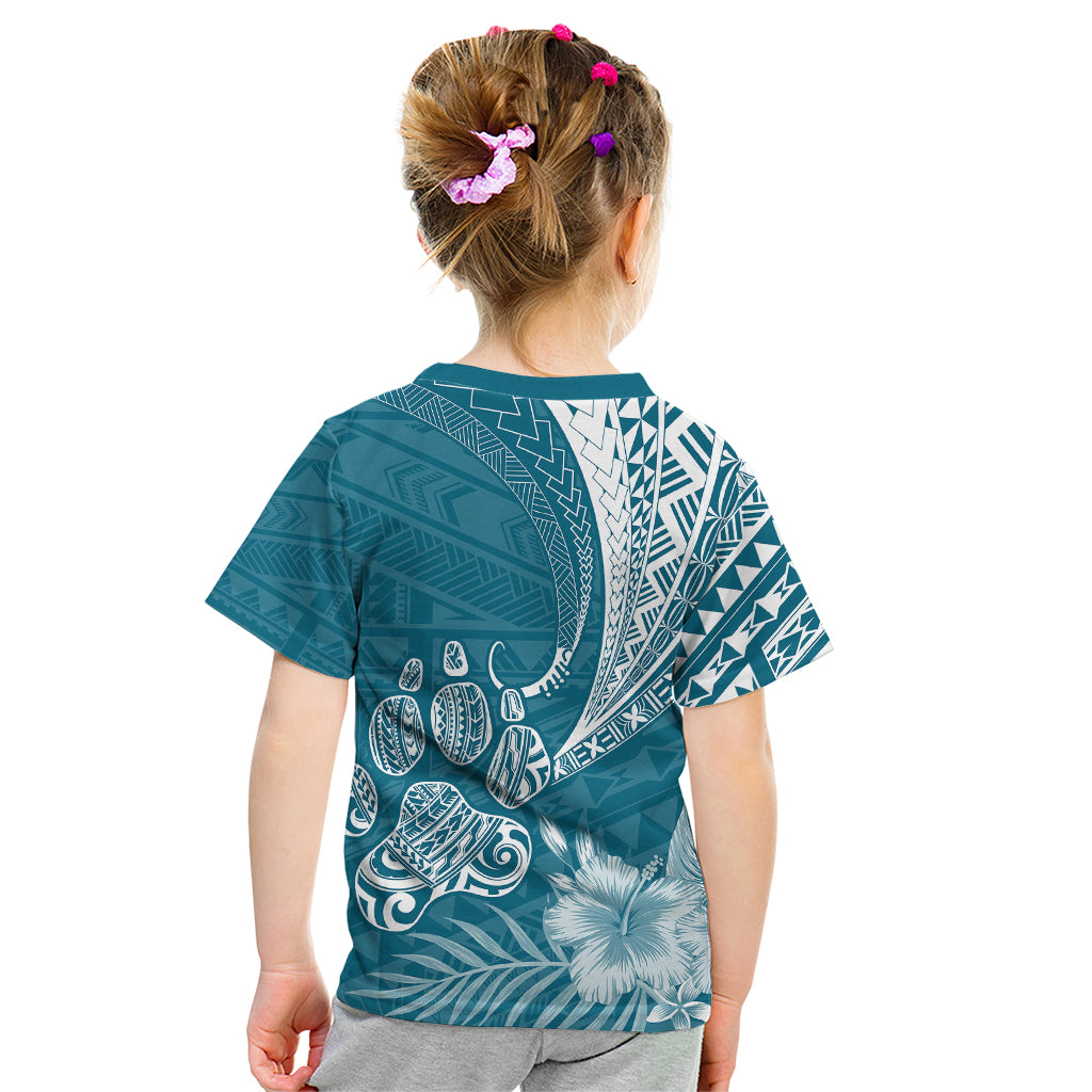 Personalised Polynesian Pacific Bulldog Kid T Shirt With Teal Hawaii Tribal Tattoo Patterns - Wonder Print Shop