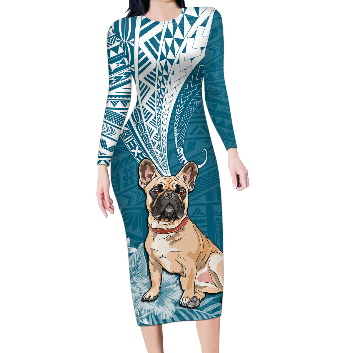 Personalised Polynesian Pacific Bulldog Long Sleeve Bodycon Dress With Teal Hawaii Tribal Tattoo Patterns - Wonder Print Shop