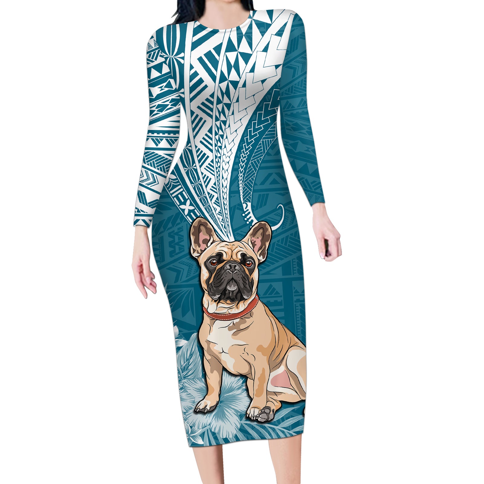 Personalised Polynesian Pacific Bulldog Long Sleeve Bodycon Dress With Teal Hawaii Tribal Tattoo Patterns - Wonder Print Shop
