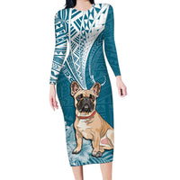 Personalised Polynesian Pacific Bulldog Long Sleeve Bodycon Dress With Teal Hawaii Tribal Tattoo Patterns - Wonder Print Shop