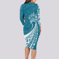 Personalised Polynesian Pacific Bulldog Long Sleeve Bodycon Dress With Teal Hawaii Tribal Tattoo Patterns - Wonder Print Shop