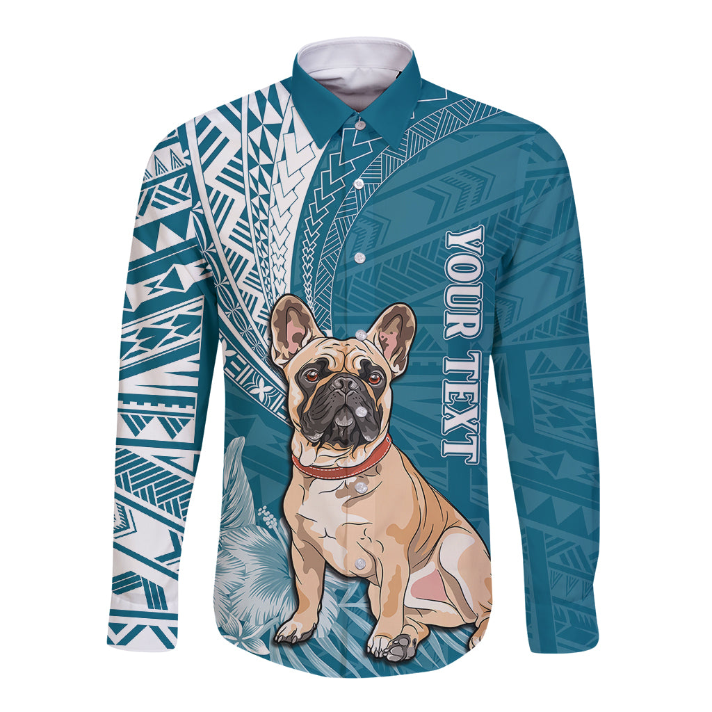 Personalised Polynesian Pacific Bulldog Long Sleeve Button Shirt With Teal Hawaii Tribal Tattoo Patterns - Wonder Print Shop