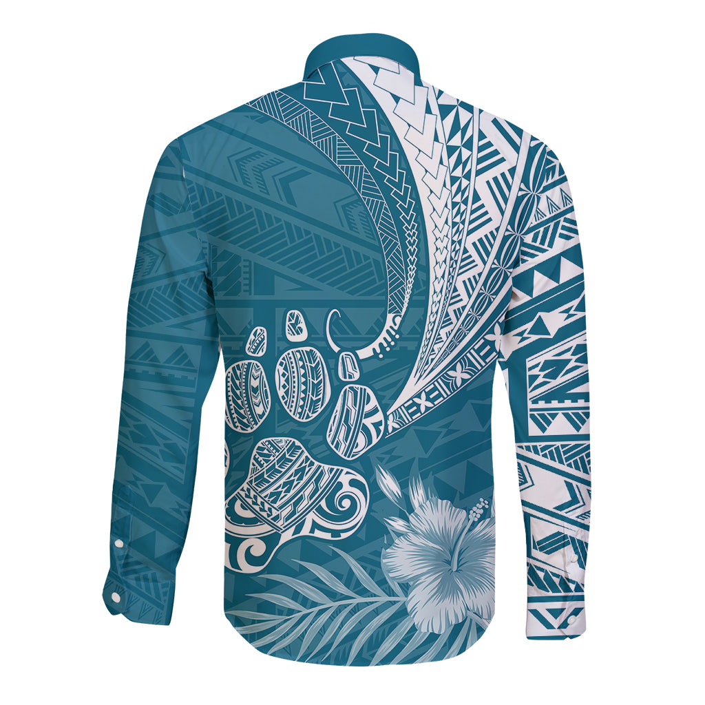 Personalised Polynesian Pacific Bulldog Long Sleeve Button Shirt With Teal Hawaii Tribal Tattoo Patterns - Wonder Print Shop