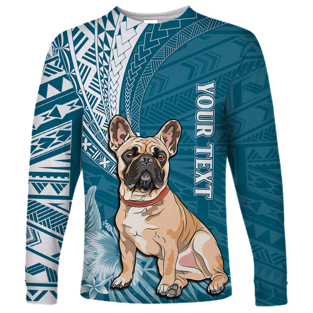 Personalised Polynesian Pacific Bulldog Long Sleeve Shirt With Teal Hawaii Tribal Tattoo Patterns - Wonder Print Shop