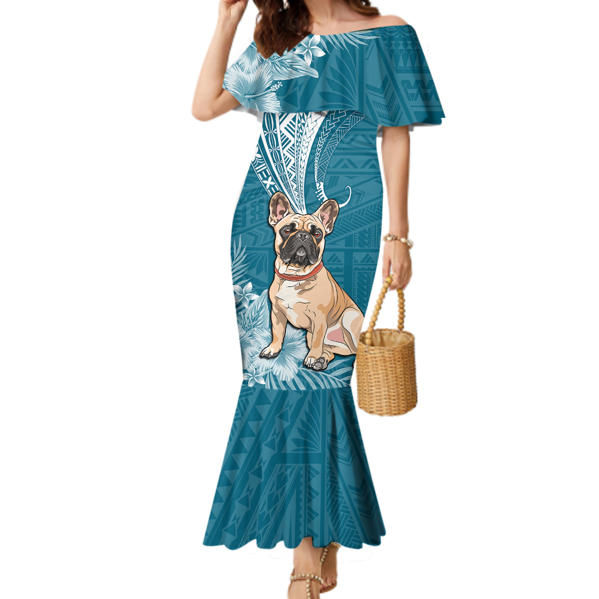 Personalised Polynesian Pacific Bulldog Mermaid Dress With Teal Hawaii Tribal Tattoo Patterns - Wonder Print Shop