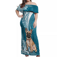Personalised Polynesian Pacific Bulldog Off Shoulder Maxi Dress With Teal Hawaii Tribal Tattoo Patterns - Wonder Print Shop