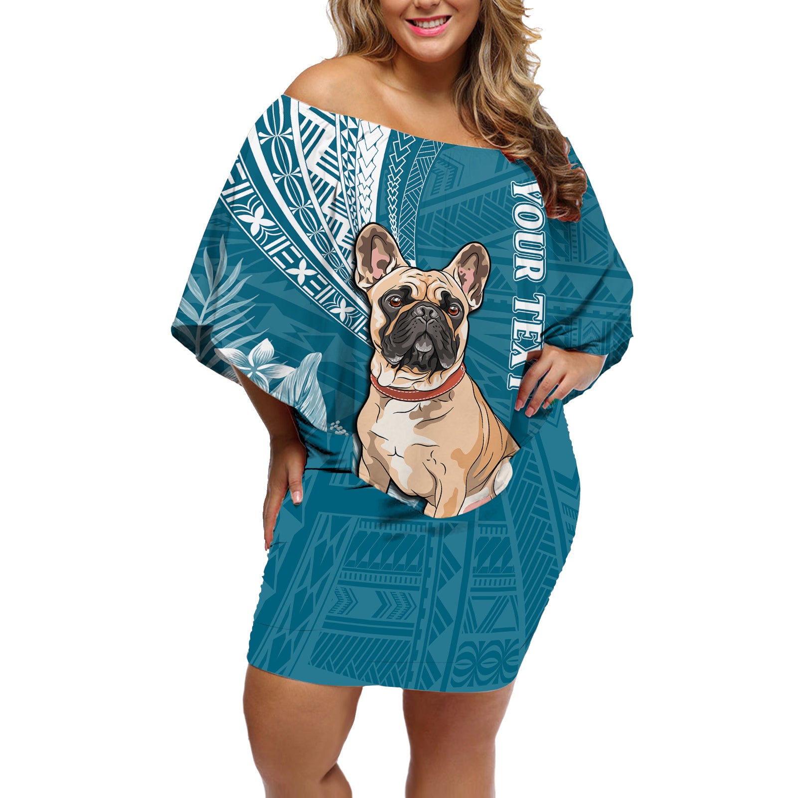 Personalised Polynesian Pacific Bulldog Off Shoulder Short Dress With Teal Hawaii Tribal Tattoo Patterns - Wonder Print Shop