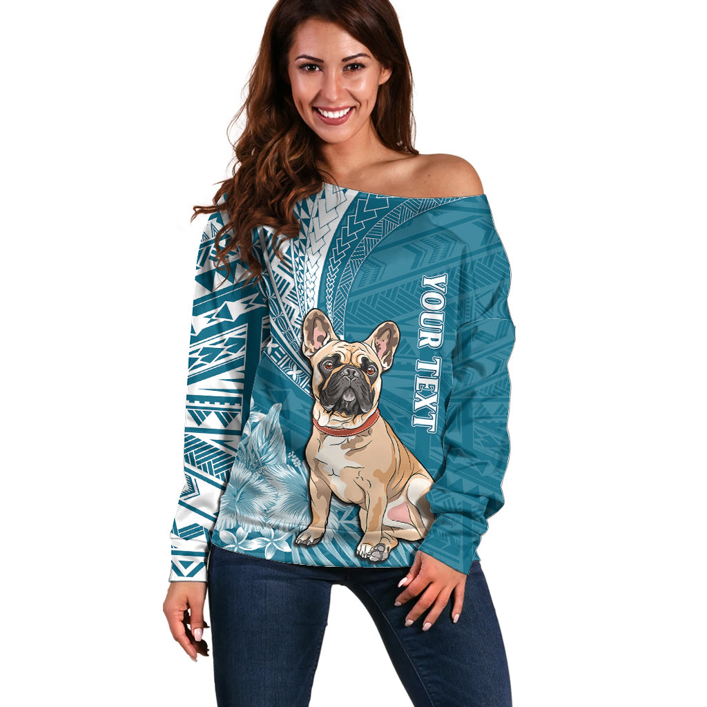 Personalised Polynesian Pacific Bulldog Off Shoulder Sweater With Teal Hawaii Tribal Tattoo Patterns - Wonder Print Shop