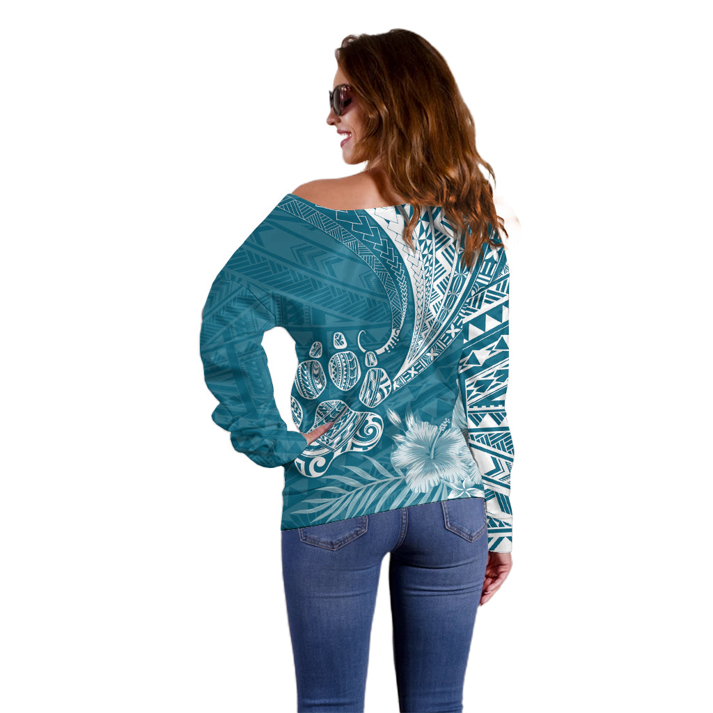 Personalised Polynesian Pacific Bulldog Off Shoulder Sweater With Teal Hawaii Tribal Tattoo Patterns - Wonder Print Shop