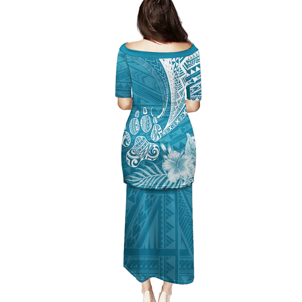 Personalised Polynesian Pacific Bulldog Puletasi With Teal Hawaii Tribal Tattoo Patterns - Wonder Print Shop