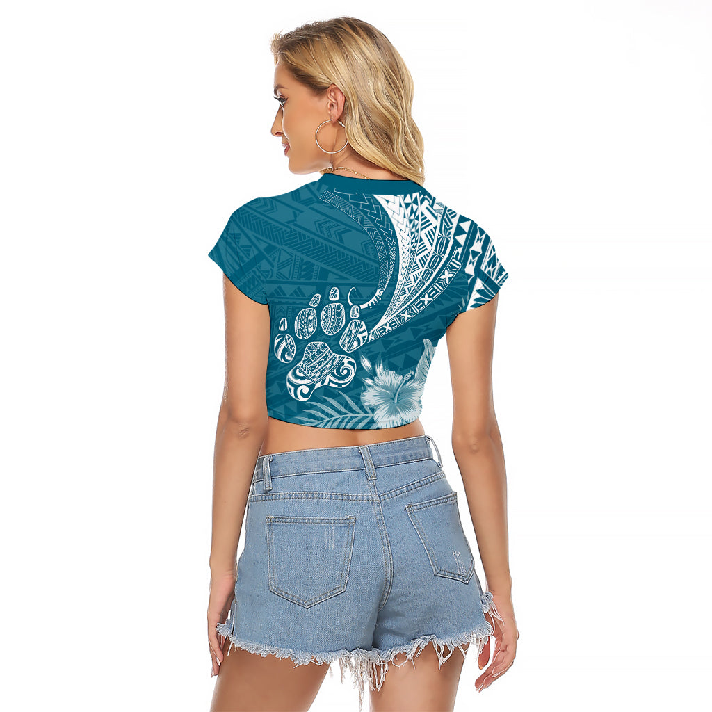 Personalised Polynesian Pacific Bulldog Raglan Cropped T Shirt With Teal Hawaii Tribal Tattoo Patterns - Wonder Print Shop